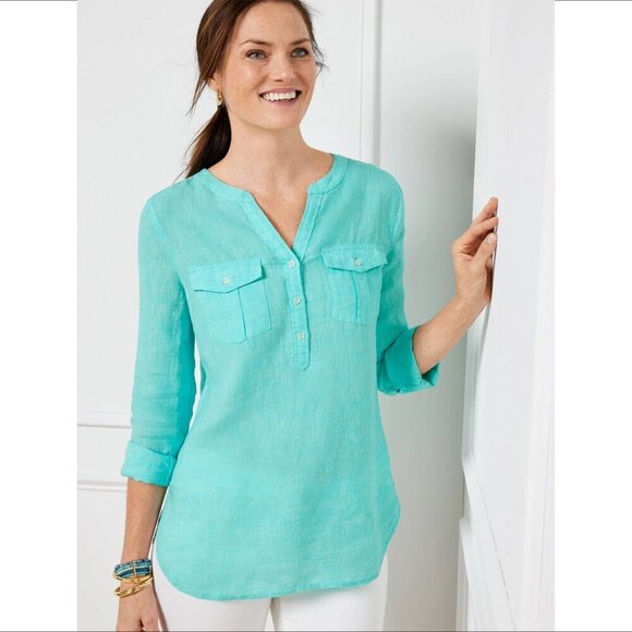 Talbots Linen band collar blouse top shirt aqua blue long sleeve roll-up tab XS - Picture 1 of 6